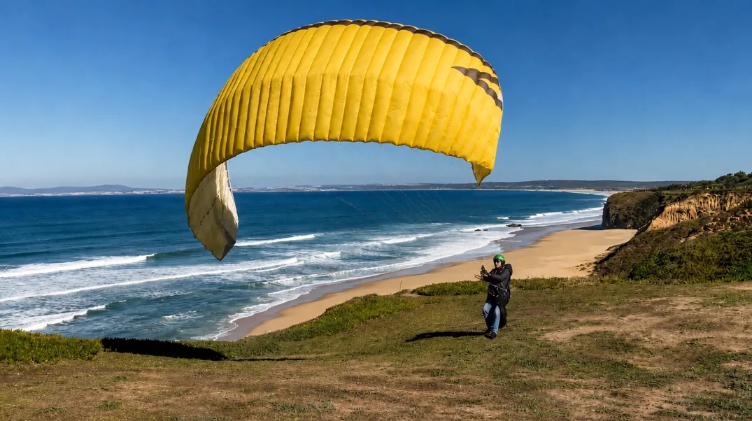 Pilot kiting a paraglider on the beach