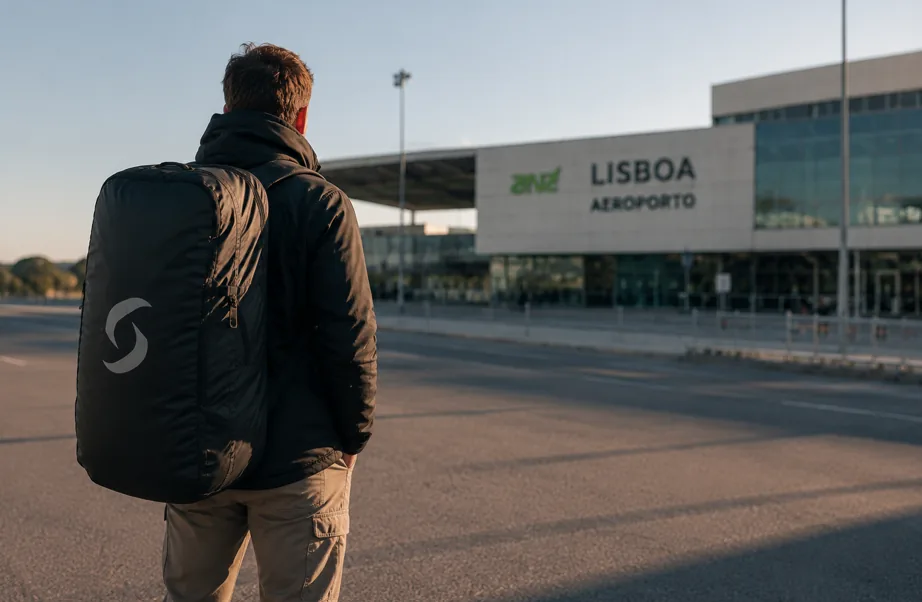 Pilot with wing bag at Lisbon airport