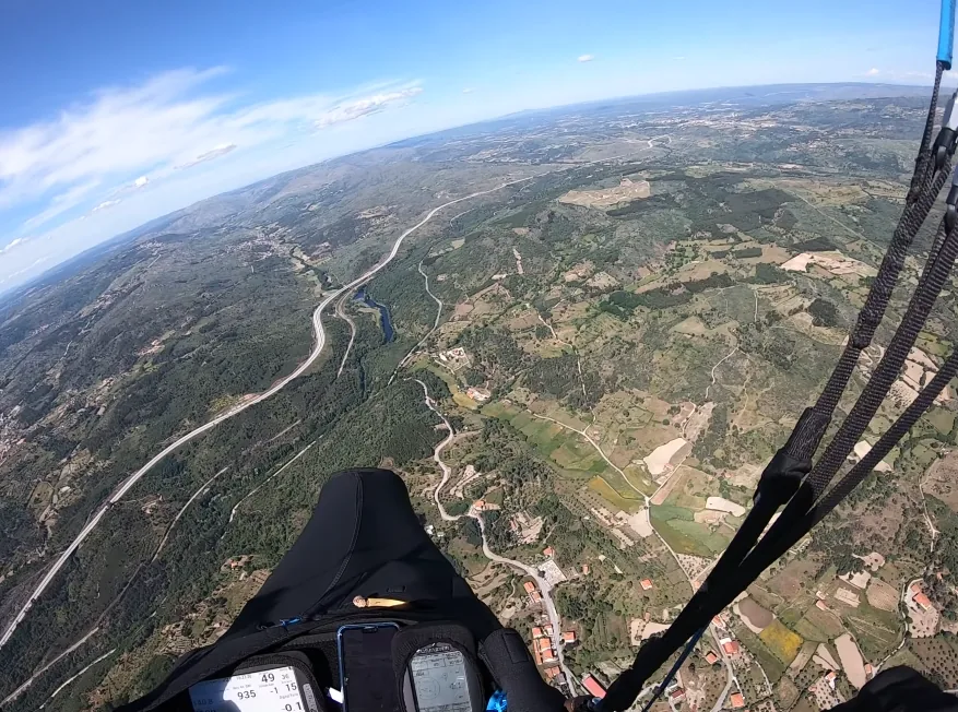 Aerial view from a paraglider over a wide river valley in Portugal
