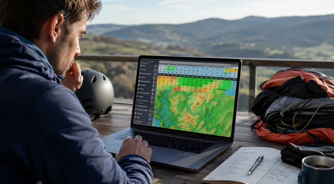 Pilot studying an XC paragliding weather forecast on a laptop